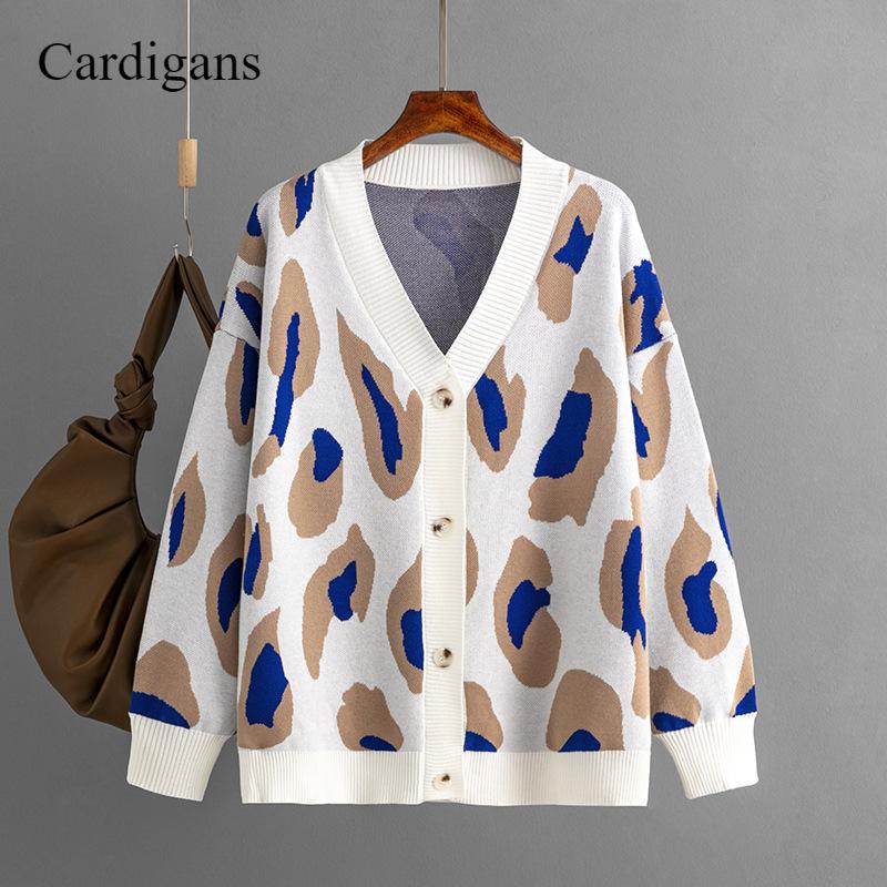 Новый цветной леопардовый принт, вязаный свитер, женская мода, свободный, цельный, с длинными рукавами и круглым вырезом, осенне-зимнее модное пальто