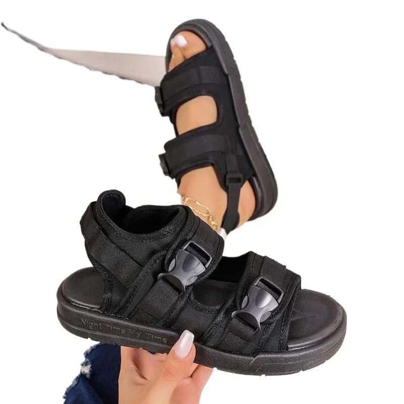 Летняя Высококачественная Женская Обувь Горячая Распродажа Большой Размер Модные Босоножки с Открытым Носком Однотонные на Среднем Каблуке с Пряжкой Римские Женские Сандалии