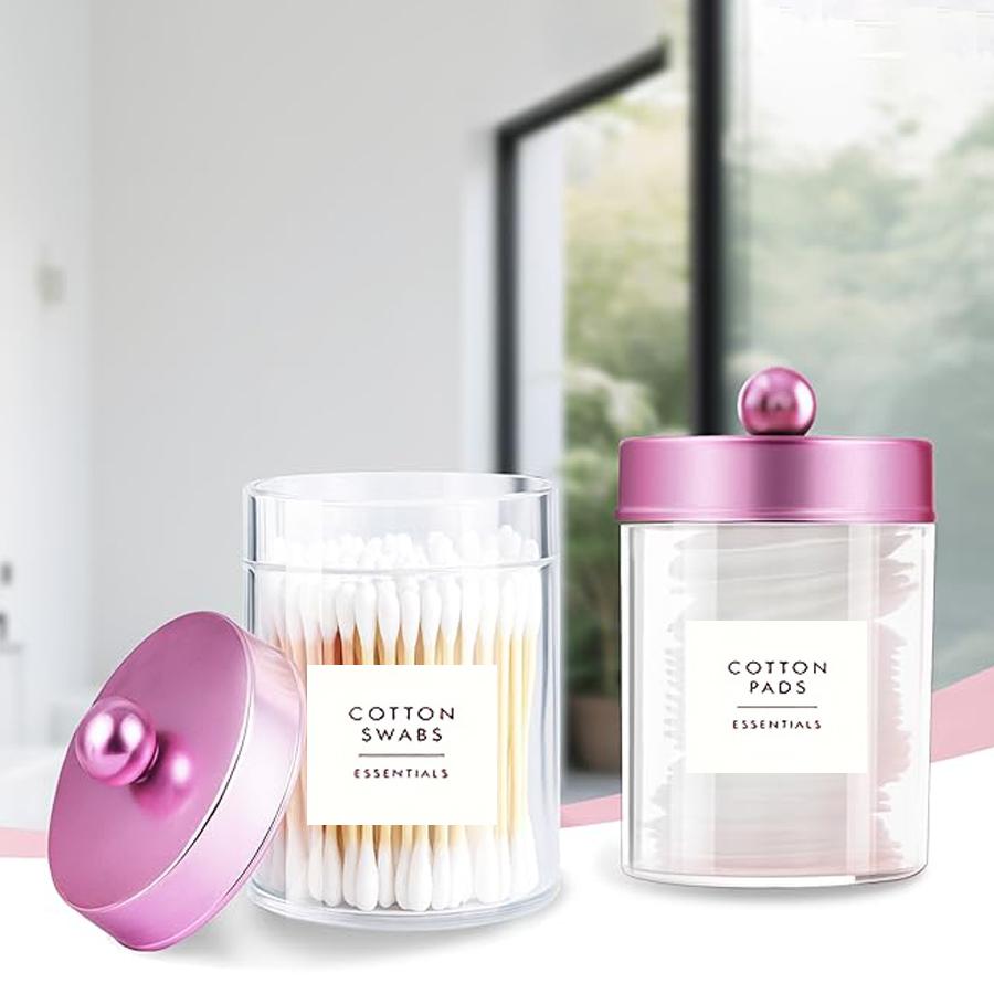 3/4/6 Pack Clear Storage Box Canister Qtip Holder Apothecary Jars with Pink Lids, Bathroom Organizers for Cotton Balls,Swabs