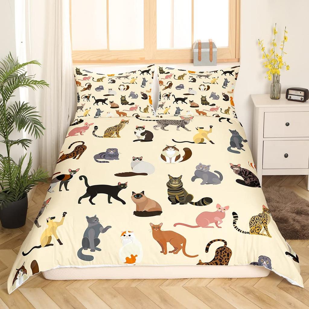Cartoon Cat Pattern Duvet Cover Queen King Size Soft Bedding Set For Girls Toddlers Teens 3 Piece Set With 2 Pillowcases