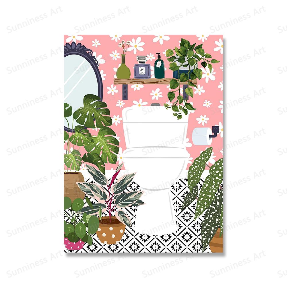 Животное Highland Cow в ванной комнате Wall Art Холст Картина Плакаты Ботаническая библиотека Монстера Лист Печать Для Кофейни Домашний Декор