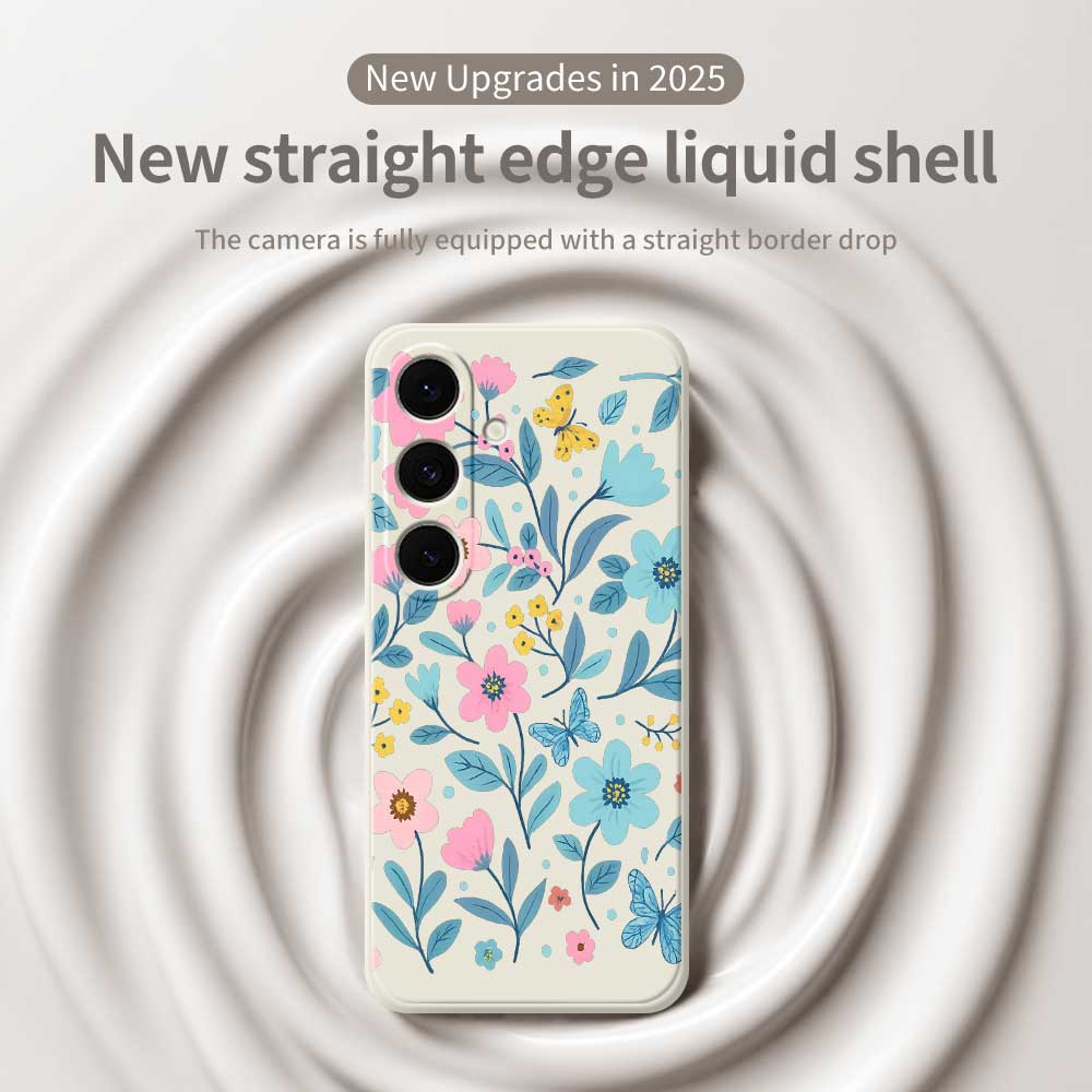 For Samsung Galaxy S25 FE Case Blue Pink Flowers Pattern Printing Straight Edge TPU Phone Back Cover