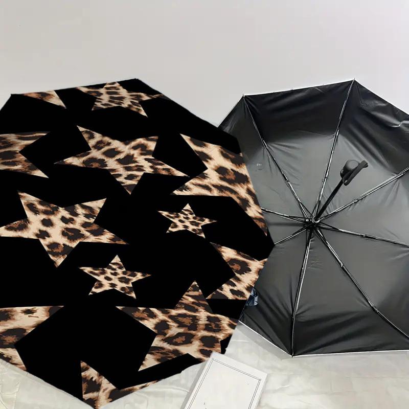 1PC Leopard Print Stars Umbrella-8-Rib Reinforced, Automatic Open, Lightweight & Durable, Cute Fashion Accessory for Outdoor, Beach or Casual Use, Bea