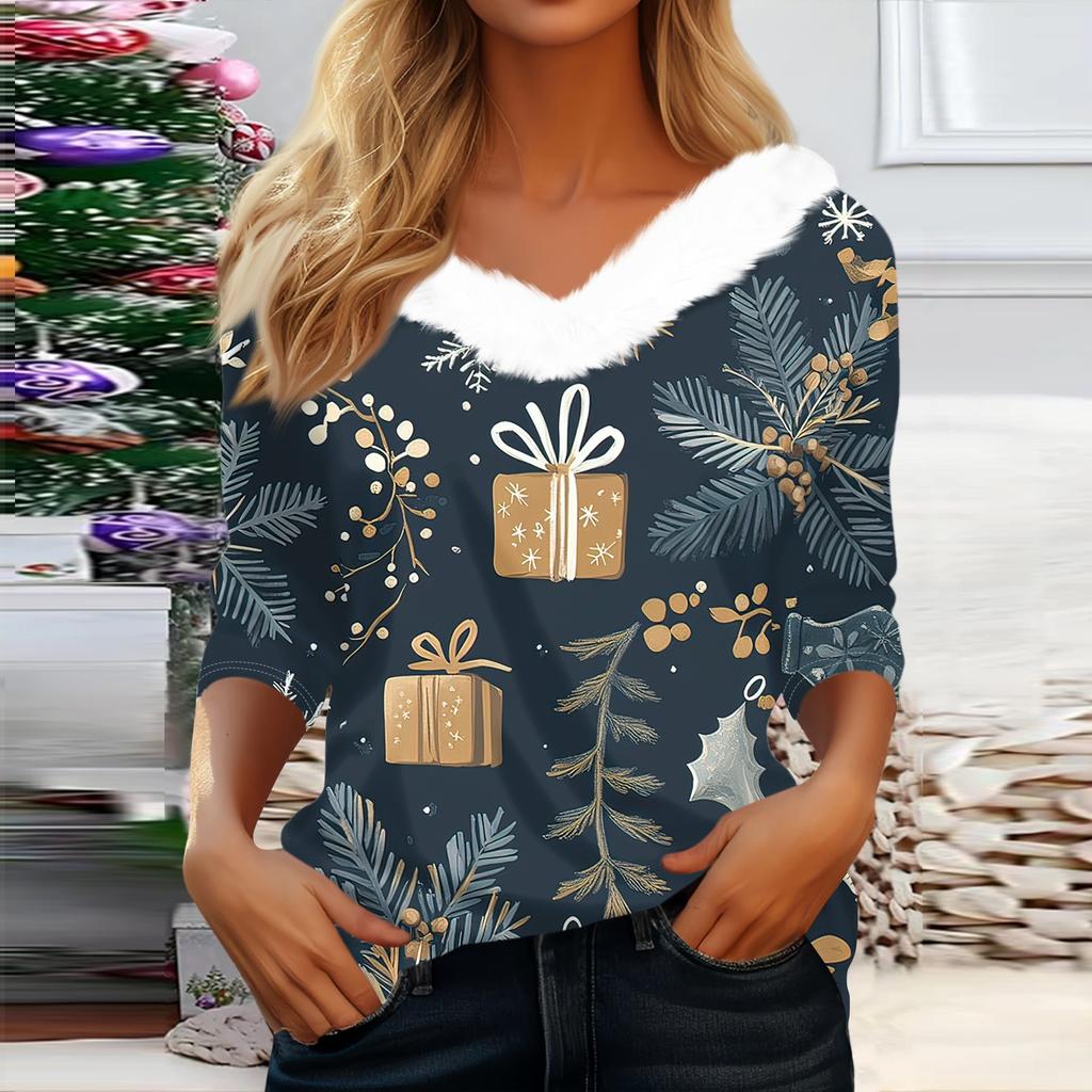 3/4 Sleeve Shirts For Women Christmas Printed Graphic Tees Blouses Casual Plus Size Basic Button Tops Pullover