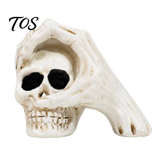Dark Style Desktop Decoration Halloween Skull Hand Sculpture, Gothic Skeleton Head Figurine, Spooky Resin Creative Tricky Festival Gift for