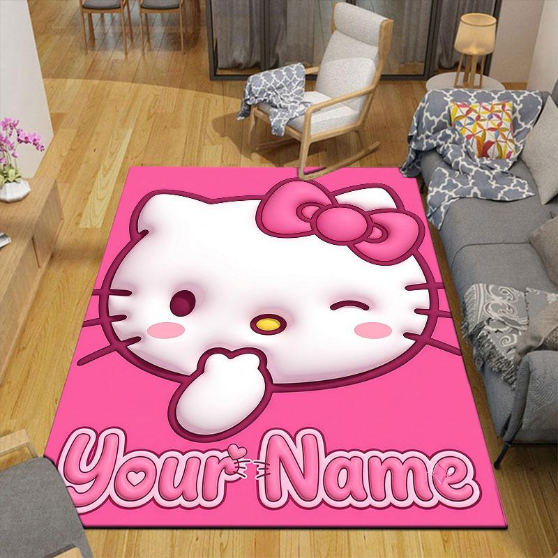 Custom Name,3D Inflated Hello Kitty Home Sofa Decoration for Living Room & Bedroom, Non‑Slip Play Flannel Floor Mat for Game Room