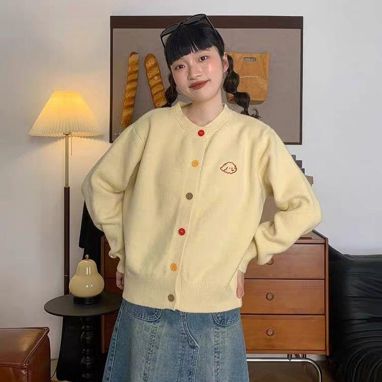 Вышитый женский вязаный кардиган с круглым вырезом, цветными пуговицами, однотонный свитер, корейская версия, милый женский повседневный плащ с длинными рукавами