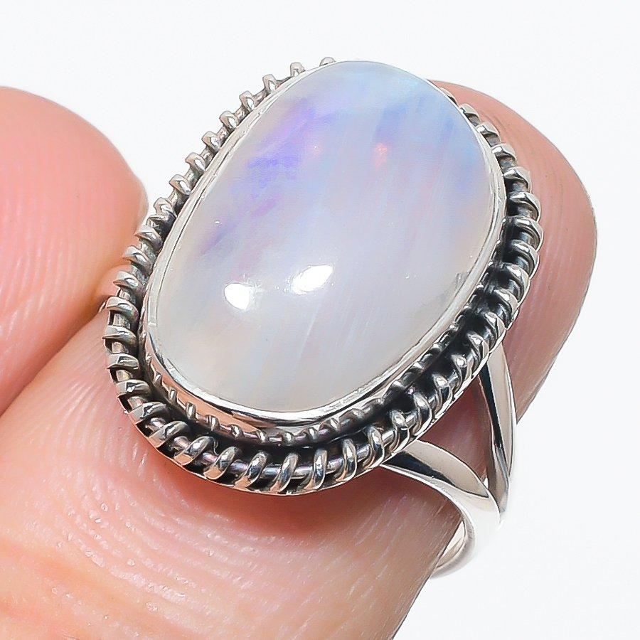 Подарочное кольцо из стерлингового серебра 925 пробы с натуральным радужным лунным камнем S.7 g2l02