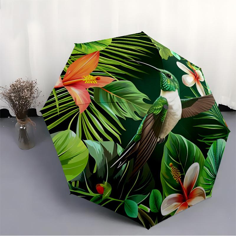 1pc Hummingbird Tropical Automatic Open/close, Heavy-Duty Iron Frame & 8-Rib structure, Compact Folding Umbrella for Women/Men, All-Season Travel, Hal
