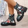 Мода 2024 Осень/Зима Новый Стиль Внешней Торговли Шнуровка Крупный Принт Короткие Сапоги Женские Низкий Каблук Круглый Мыс Низкие Ботильоны