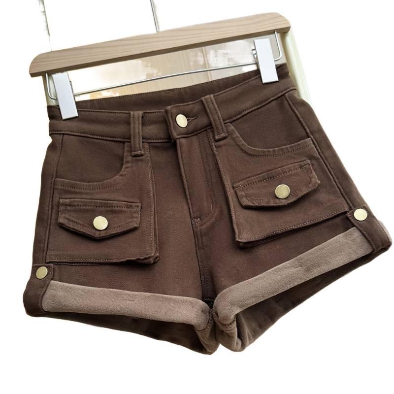 Autumn/Winter Plus Velvet High-Waisted Slimming A-Line Denim Shorts with Rolled Hem and Cargo Style