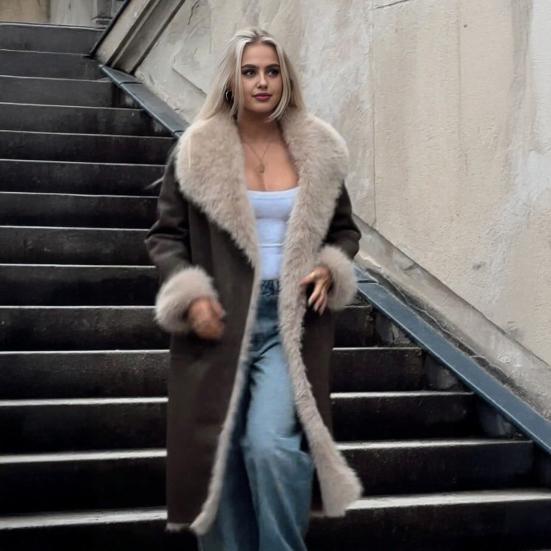 Yousheng Faux Fur Long Trench Coat for Women Reversible Fuzzy Fleece Sherpa Lined Jackets Winter Furry Trimmed Casual Overcoat