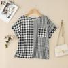 Женская повседневная блузка с круглым вырезом, летняя, с коротким рукавом, в клетку
