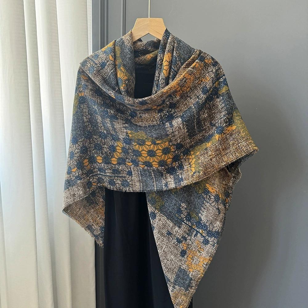 Women Elegant Square Scarf 130x130cm Retro Ethnic Style Soft Cotton Linen Breathable Scarf Large Shawl Female Foulards
