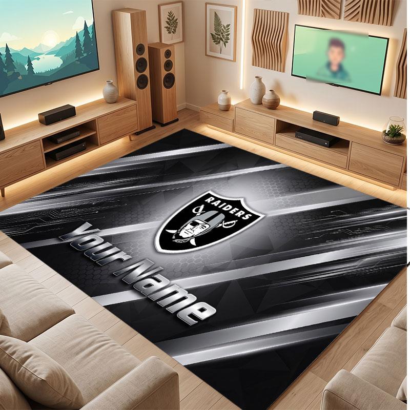 Las Vegas Raiders Personalized Crystal Velvet Carpet, Customized Name Text Soft Anti‑Slip Rug for Living Room Bedroom