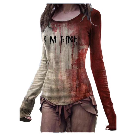 Женская футболка на Хэллоуин с круглым вырезом и длинным рукавом, рубашка ужасов с принтом крови, толстовка на Хэллоуин, легкие облегающие спортивные топы