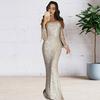 Women Prom Dress Tassel Sleeves Sheath Slim Fit V Neck Solid Color Sequin Fishtail Hem Evening Dress Cocktail Party Maxi Dress