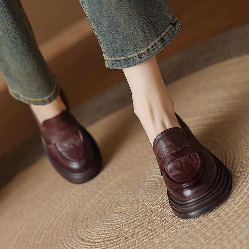 Женские туфли-лодочки из коровьей кожи в стиле ретро на толстом каблуке, женские туфли в британском стиле, слипоны, весна-осень, с круглым носком, для платья, рабочие лоферы, обувь