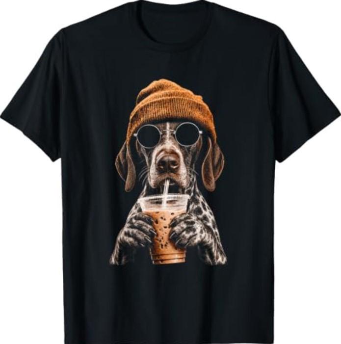 German Shorthaired Pointer Drinking Iced Coffee Funny Dog T-Shirt