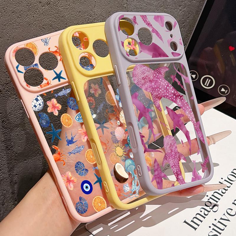 Чехол с принтом 'Акула и Рыбы Океана' для iPhone 17 Pro Max Гибридный TPU+PC Прозрачная Задняя Панель Жесткая Крышка для iPhone 16 15 14 13 Pro Max