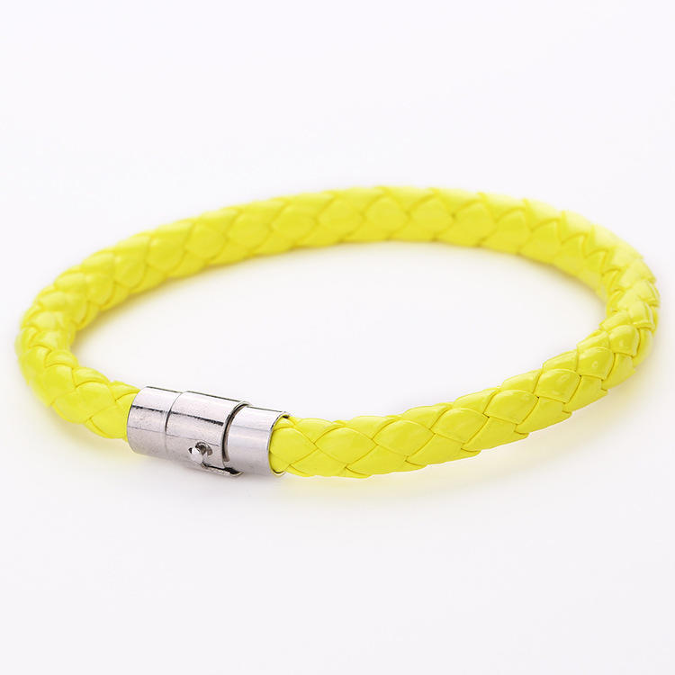 Unisex Women Men Genuine Braided Leather Steel Magnetic Clasp Bracelet Bangle