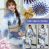 RAVIR Yukata Set with Large Blue Chrysanthemums On a White Fluffy Obi and Geta Sandals Size Fits Women's 3-Piece Background, Belt, (One All)