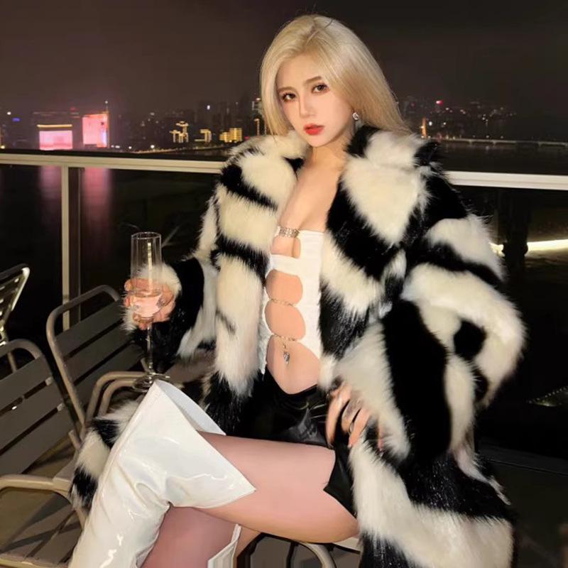 Women's New Spice Girl Sexy Zebra Pattern Environmentally Friendly Fur Coat Imitation Fox Hair Medium and Long Coat Temperament Winter Thick