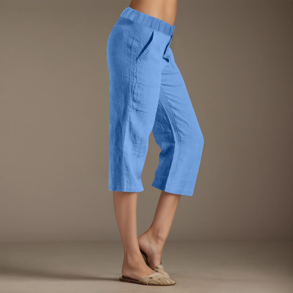 Женские однотонные брюки из хлопка и льна, свободные брюки с 7 точками и карманами