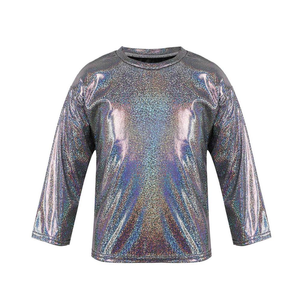 Unisex Kids Metallic Bronzing Cloth Tshirt Long Sleeve Loose Fit Round Neck Top for Parties Performances