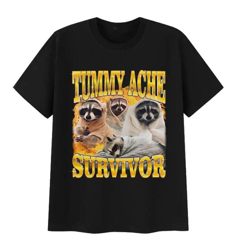 Fun Stomach Pain Survivor Raccoon Emoji Print Short Sleeve Tshirt for Women Humorous Cute Summer Casual Tshirt Clothing