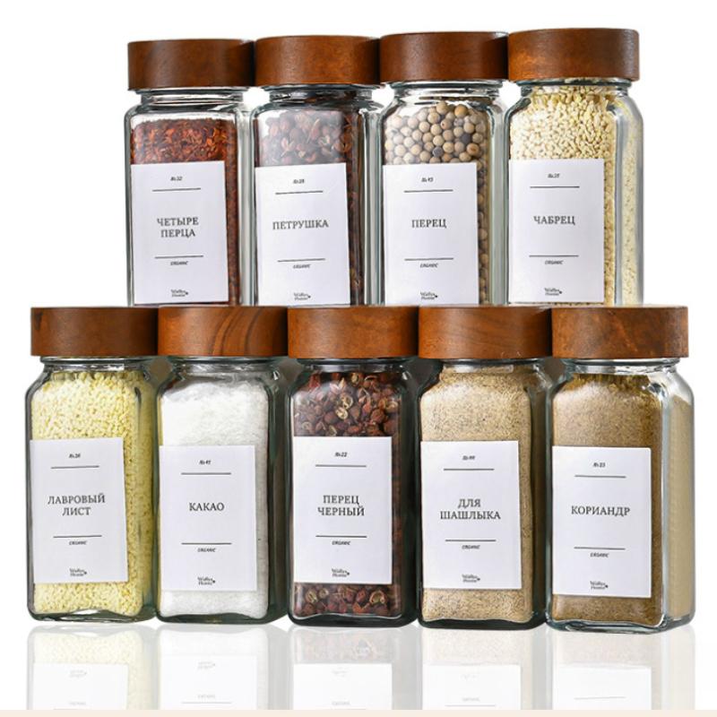 Стеклянные банки для специй с этикетками - Квадратные контейнеры для специй с деревянной крышкой, крышками-кисточками и воронкой, банки для приправ для полки, шкафа, ящика