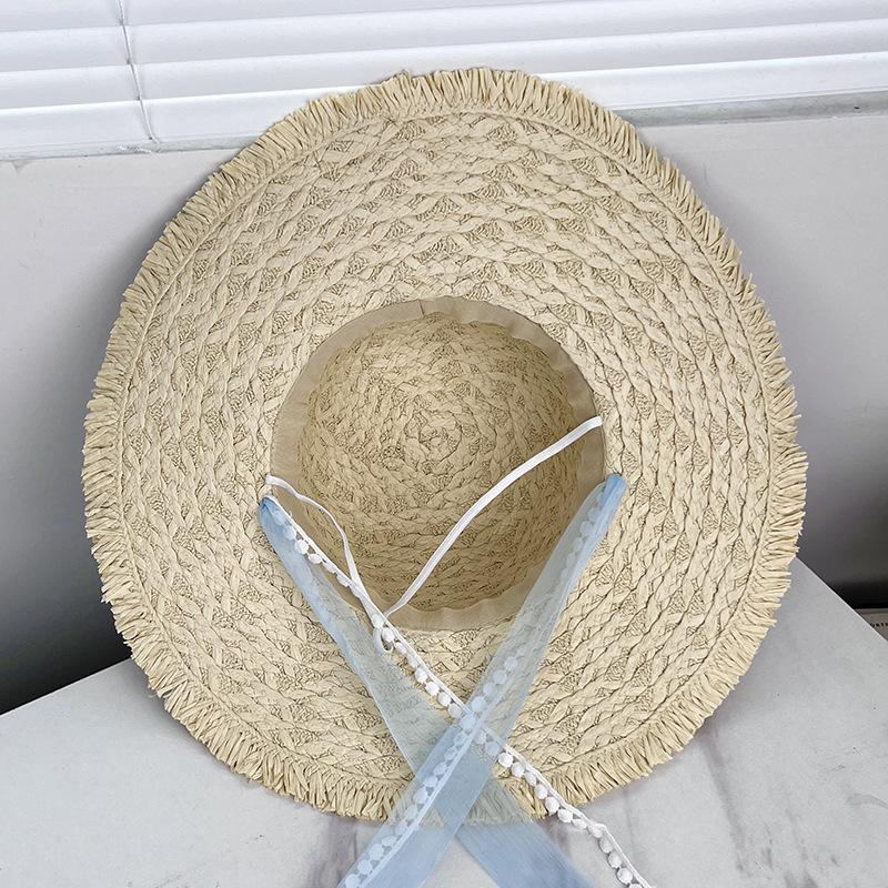 Mori vacation style niche design rough edge letter streamer straw hat straw bag travel vacation sunshade big brim beach hat