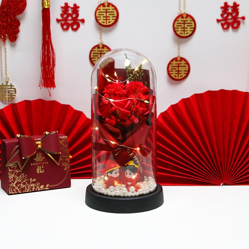 Eternal flower rose dried flower glass cover bouquet gift for girlfriend wedding simulation flower souvenir ornament