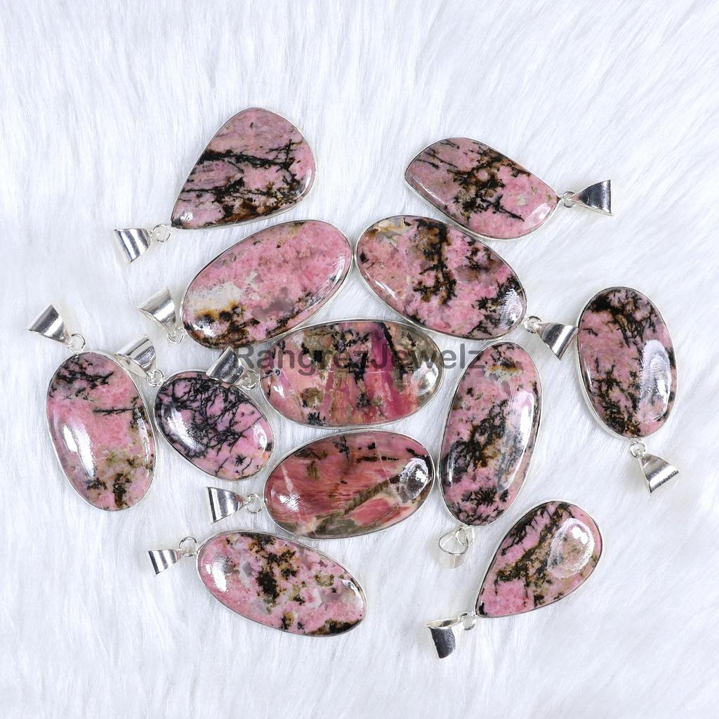 Pink Rhodonite Gemstone Pendant Natural Rhodonite Gemstone Pendant Necklace 925 Sterling Silver Bezel Pendant Jewelry