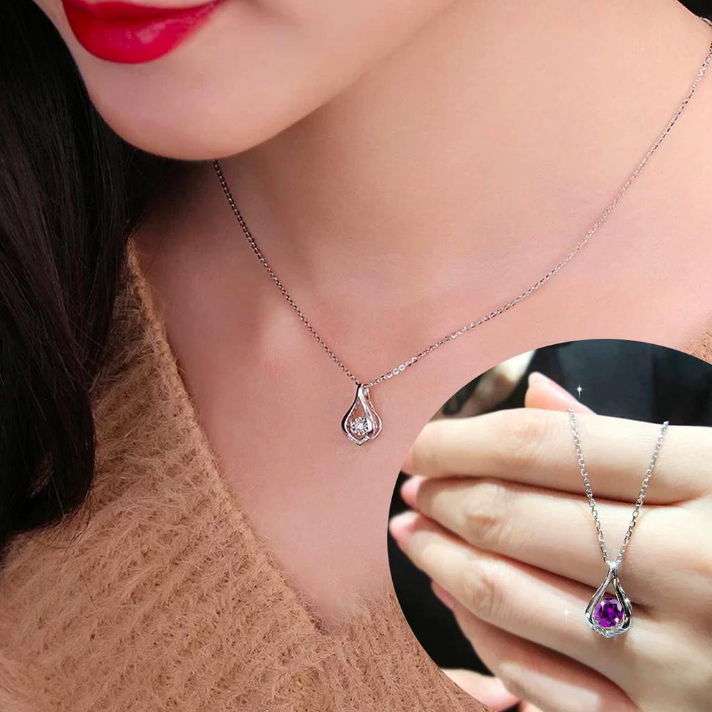 Necklace Natural Stone Amethyst February Birthstone Drop Motif Platinum Plated 925 Silver Jewelry Accessory Birthday Christmas Day Present Gift