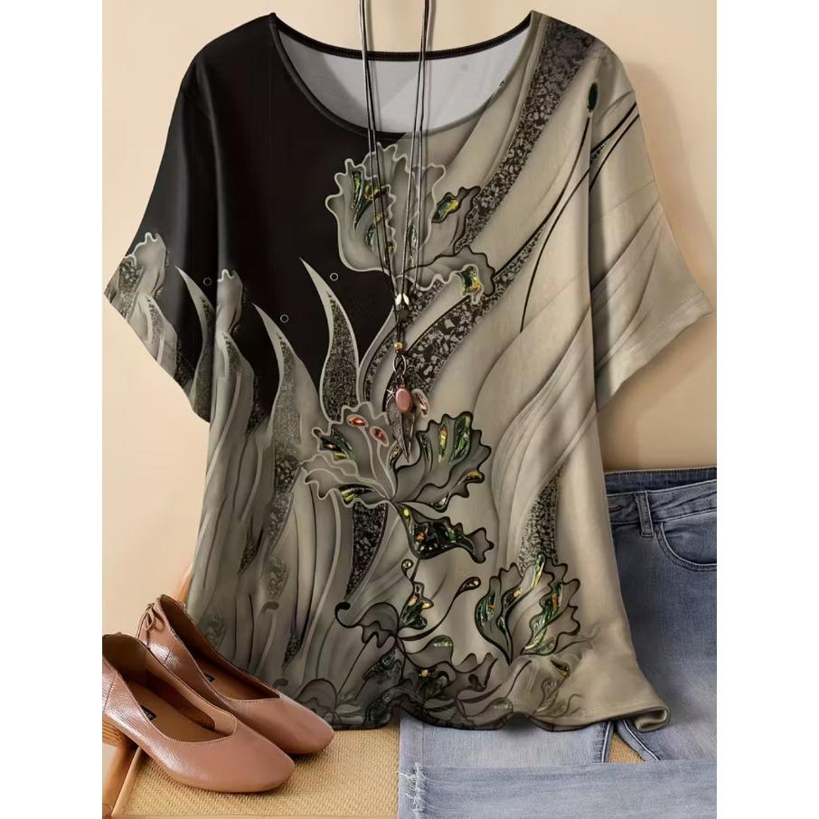 XL-7XL Plus Size Women's Casual 3D Print Loose Round Neck Short Sleeved T-shirt Top