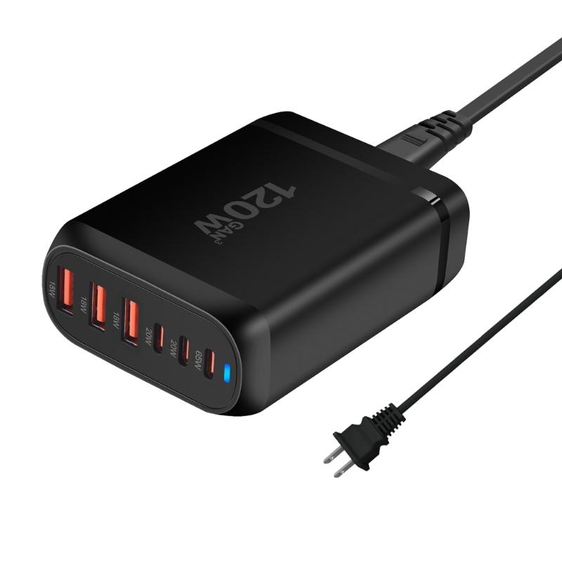 Многопортовая зарядная станция 3xUSB+3xType C с выходной мощностью 120 Вт для общественных мест и путешествий