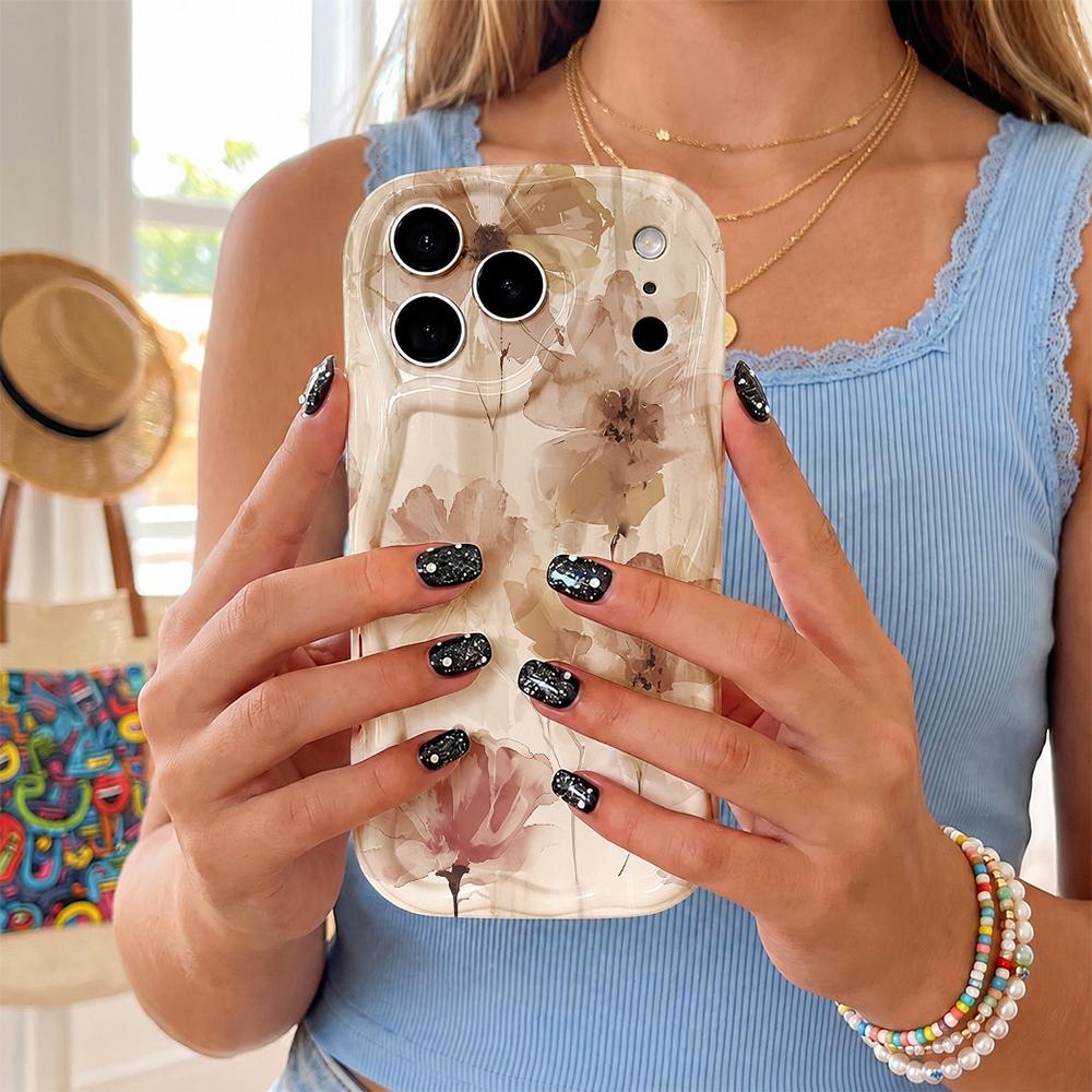 Vintage Watercolor Brown Pink Floral Phone Case For iPhone 17 16 15 14 13 12 11 Pro Max Plus Wavy Edge