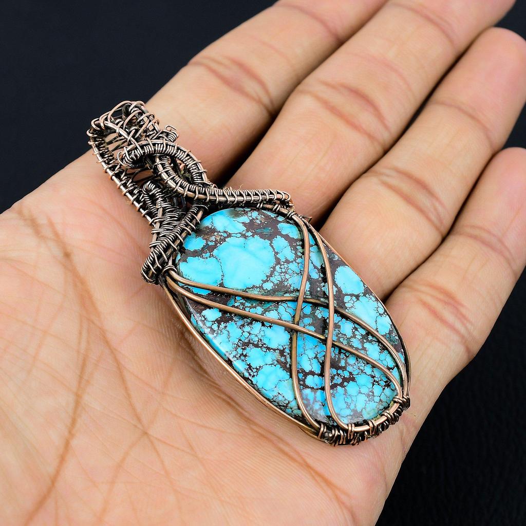 Tibetan Turquoise Pendant, 999 Copper Wire Wrapped Gemstone Jewelry, Handmade Pendant, For Thanksgiving