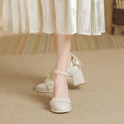 Французские туфли Мэри Джейн женские маленькие ароматные высокие каблуки лето 2025 новинка женский нежный стиль темперамент толстый каблук с бисером