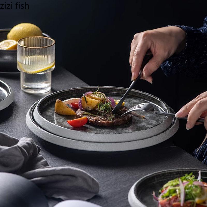 Creative Circular Ceramic Flat Plate Steak Plate Pasta Plate Dessert Snack Plates Sushi Plates Restaurant Specialty Tableware