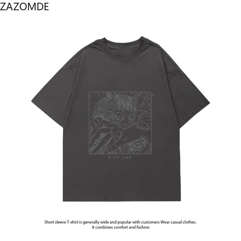 ZAZOMDE Minimalist Black White Line Drawing Angry Cat TShirt Simple Bite Hand Animal Print Loose Short Sleeve Basic Casual Top