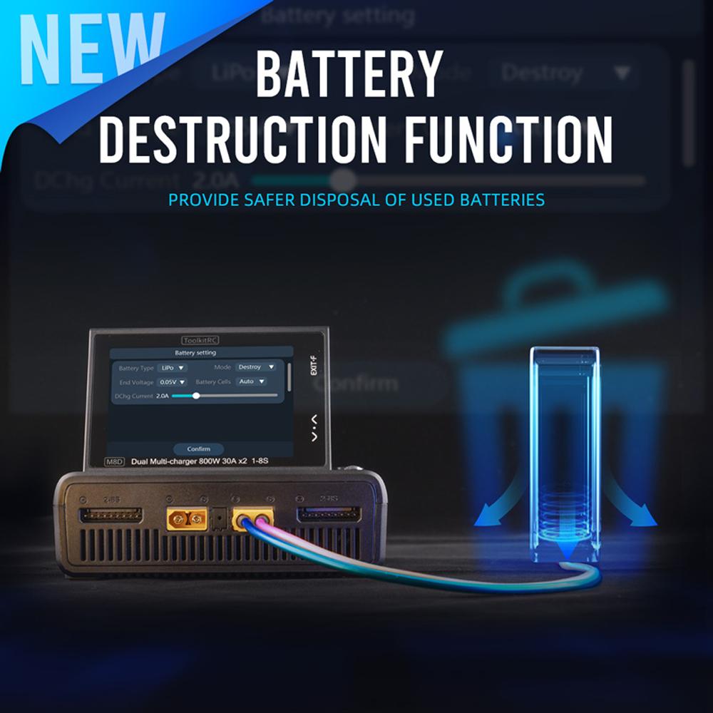 Умное зарядное устройство ToolkitRC M8D, 2-канальное, сенсорный экран, двойной канал, DC 800 Вт*2, 30 А, 1-8S, быстрая зарядка литиевых аккумуляторов, для RC моделей автомобилей, FPV