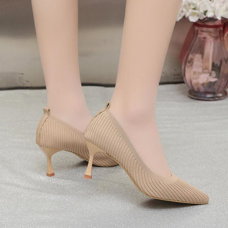 Модные черные туфли на высоком каблуке 2024 года, новые женские туфли с неглубоким носком, профессиональные рабочие туфли с острым носком и шпильками, вязаные одинарные туфли