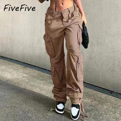 Брюки-карго FiveFive, женские джинсовые комбинезоны с высокой талией, повседневные брюки, мешковатые винтажные уличные брюки Y2k, широкие брюки, модные прямые джинсы