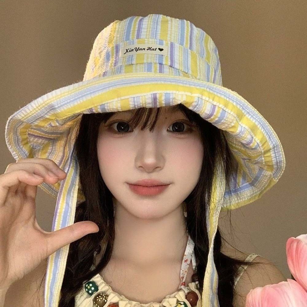 Lightweight Wide-edged Sun Hat Lace-up Wide Brim Fisherman Hat Korean Striped Bucket Hat Outdoor