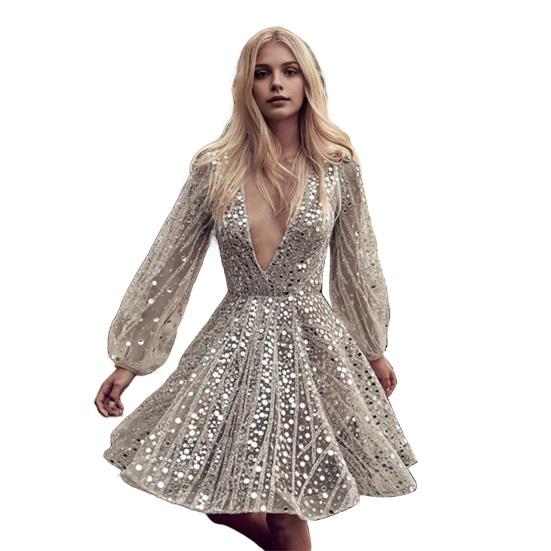 Вечернее платье с глубоким V-образным вырезом, прозрачным сетчатым платьем А-силуэта, коротким платьем с длинными рукавами-фонариками для выпускного вечера и коктейльной вечеринки