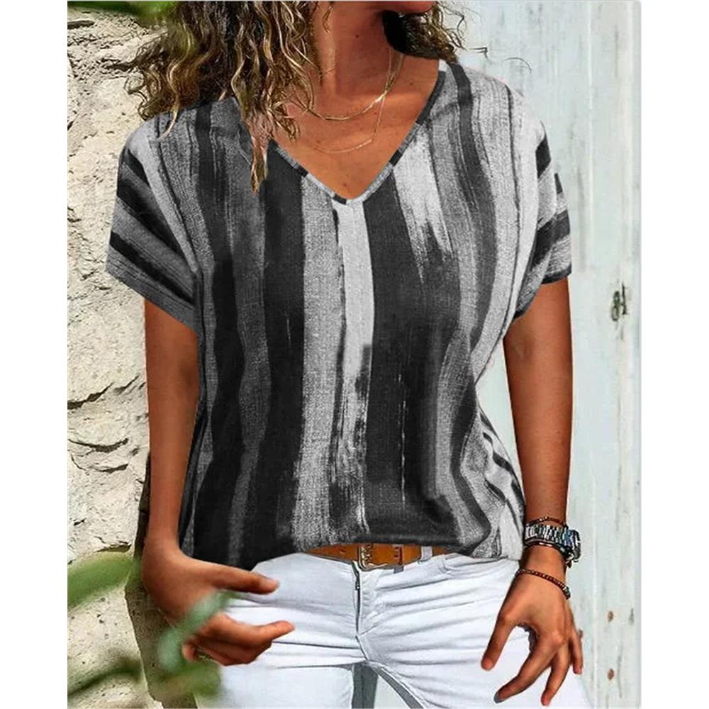 Striped Color Block 3D Printed T-Shirts Women's Casual Fashion Vintage Short Sleeve V-Neck T Shirt Girl Tees Tops Woman Clothing