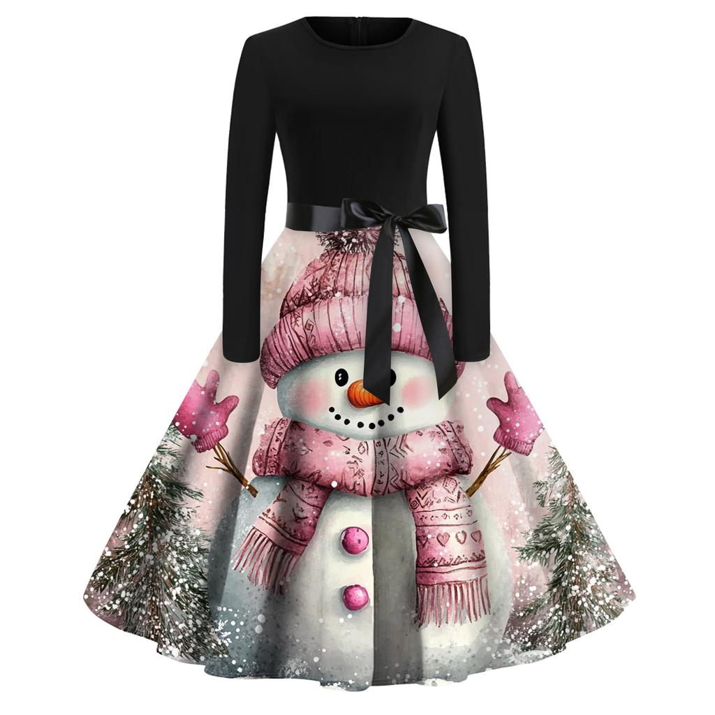 Christmas Print Flare Dress For Women Long Sleeve Dress Hollow Party Casual Dresses