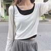Design Sense Splicing Fake Two-piece Square Neck T-shirt for Women In Autumn and Winter Slimming Contrast Color Long-sleeved Inner Bottoming Shirt Top